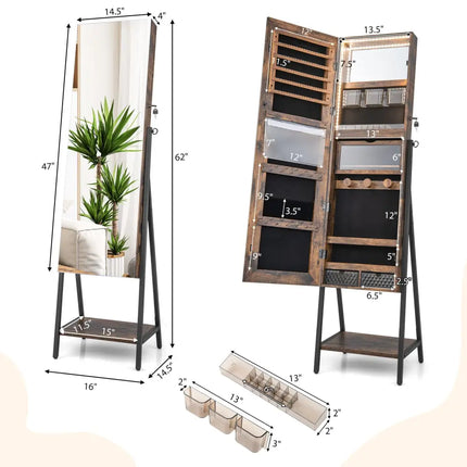 Freestanding Jewelry Cabinet with Full-Length Mirror-Rustic Brown - Rustic Brown - Jewelry Armoires