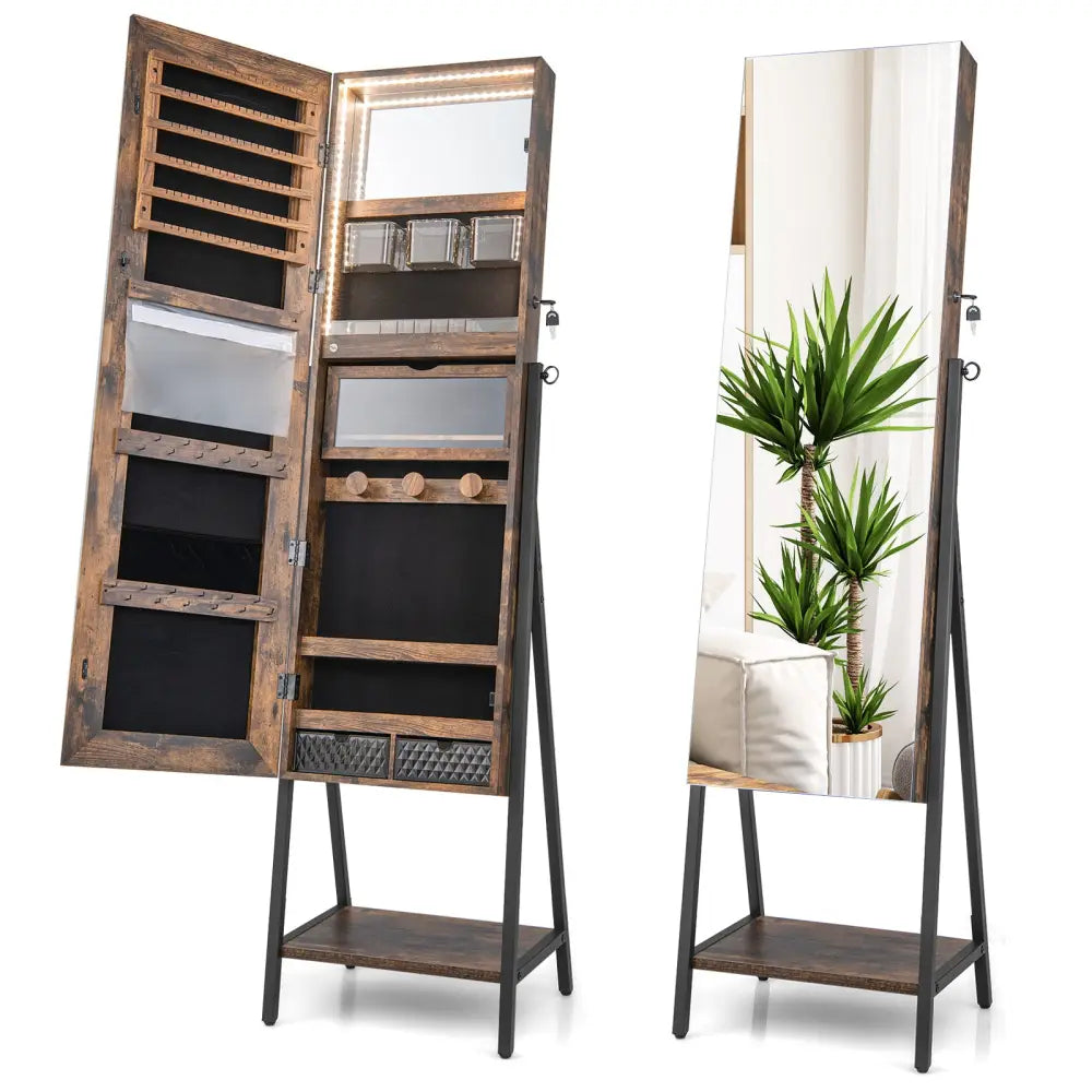 Freestanding Jewelry Cabinet with Full-Length Mirror-Rustic Brown - Rustic Brown - Jewelry Armoires