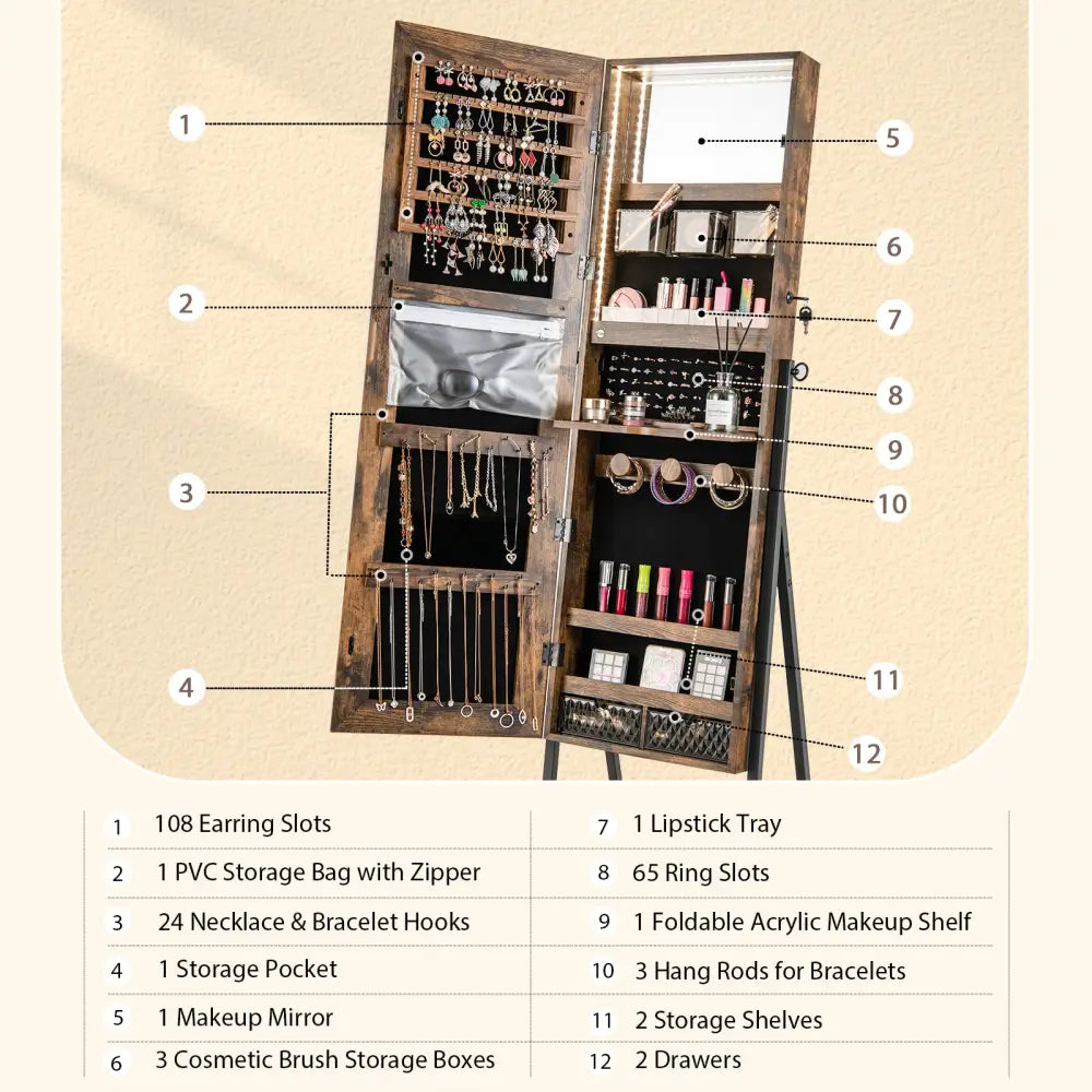 Freestanding Jewelry Cabinet with Full-Length Mirror-Rustic Brown - Rustic Brown - Jewelry Armoires