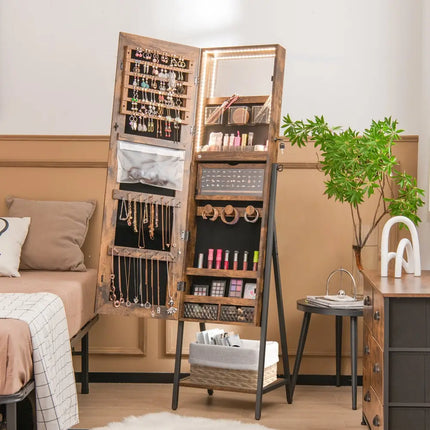 Freestanding Jewelry Cabinet with Full-Length Mirror-Rustic Brown - Rustic Brown - Jewelry Armoires