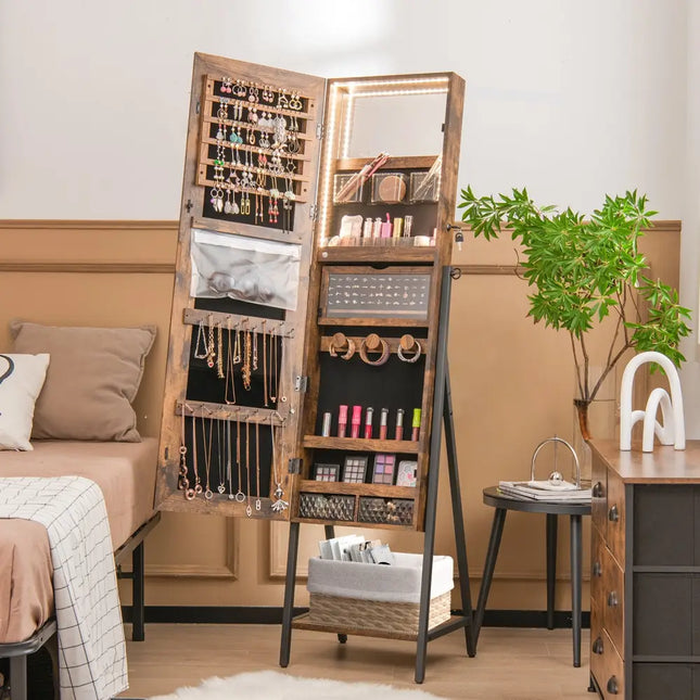 Freestanding Jewelry Cabinet with Full-Length Mirror-Rustic Brown - Rustic Brown - Jewelry Armoires