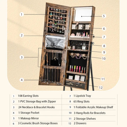 Freestanding Jewelry Cabinet with Full-Length Mirror-Rustic Brown - Rustic Brown - Jewelry Armoires