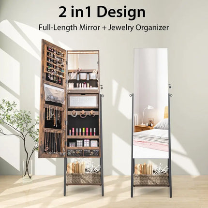 Freestanding Jewelry Cabinet with Full-Length Mirror-Rustic Brown - Rustic Brown - Jewelry Armoires