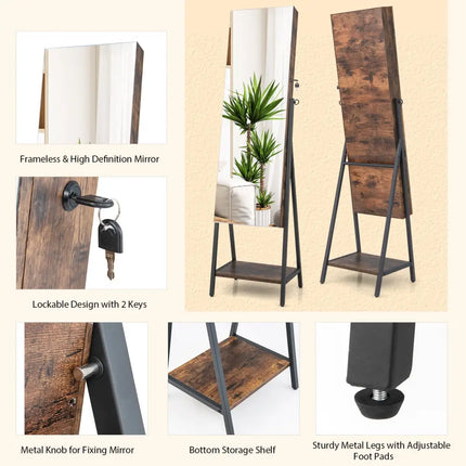 Freestanding Jewelry Cabinet with Full-Length Mirror-Rustic Brown - Rustic Brown - Jewelry Armoires