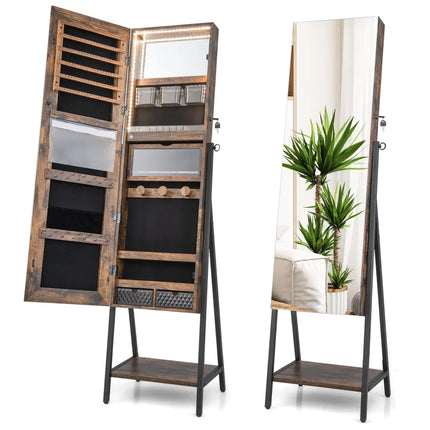 Freestanding Jewelry Cabinet with Full-Length Mirror-Rustic Brown - Rustic Brown - Jewelry Armoires