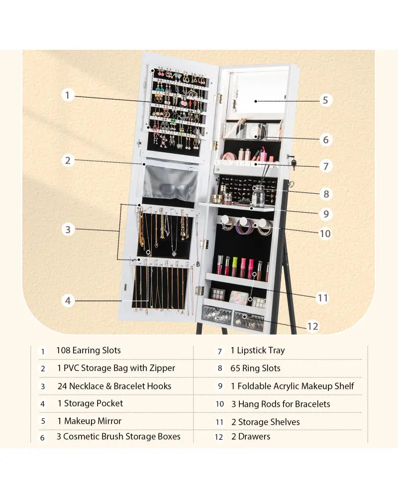 Freestanding Jewelry Cabinet with Full-Length Mirror-White - White - Jewelry Armoires