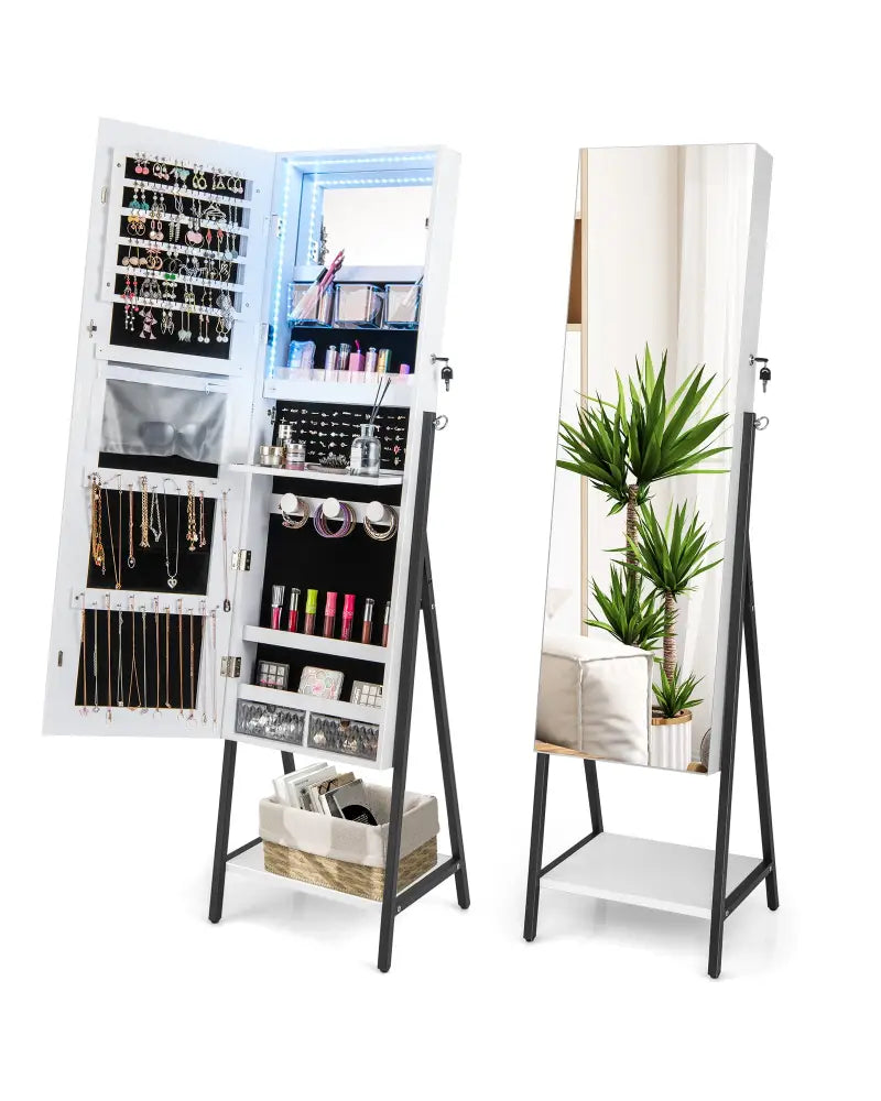 Freestanding Jewelry Cabinet with Full-Length Mirror-White - White - Jewelry Armoires