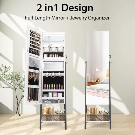 Freestanding Jewelry Cabinet with Full-Length Mirror-White - White - Jewelry Armoires