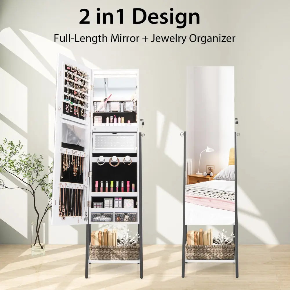 Freestanding Jewelry Cabinet with Full-Length Mirror-White - White - Jewelry Armoires