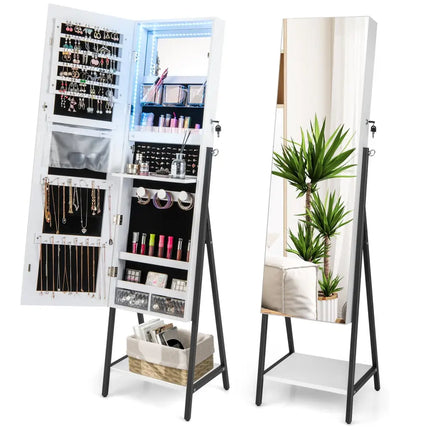 Freestanding Jewelry Cabinet with Full-Length Mirror-White - White - Jewelry Armoires