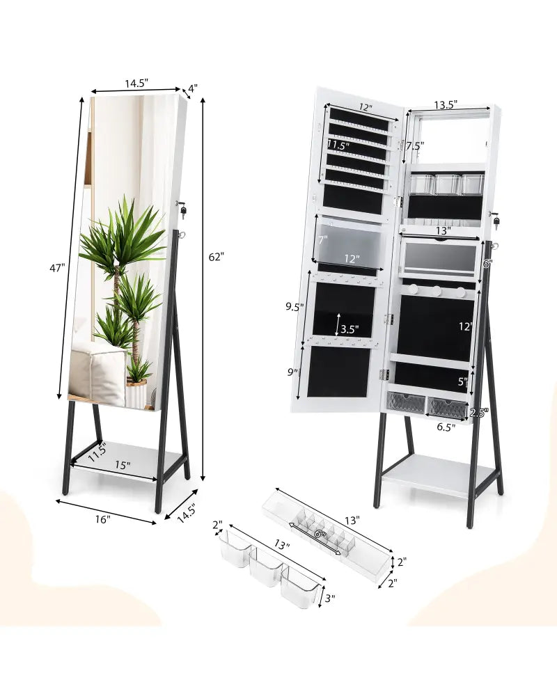 Freestanding Jewelry Cabinet with Full-Length Mirror-White - White - Jewelry Armoires