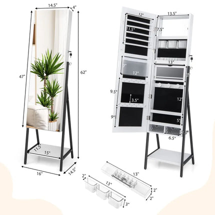 Freestanding Jewelry Cabinet with Full-Length Mirror-White - White - Jewelry Armoires