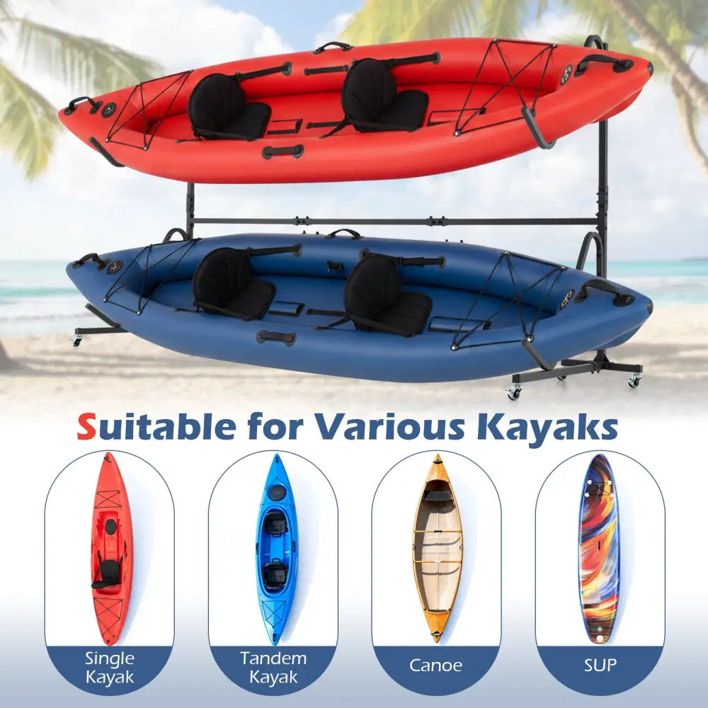 Freestanding Kayak Storage Rack with 6 Lockable Wheels-Black - Black - Surfing