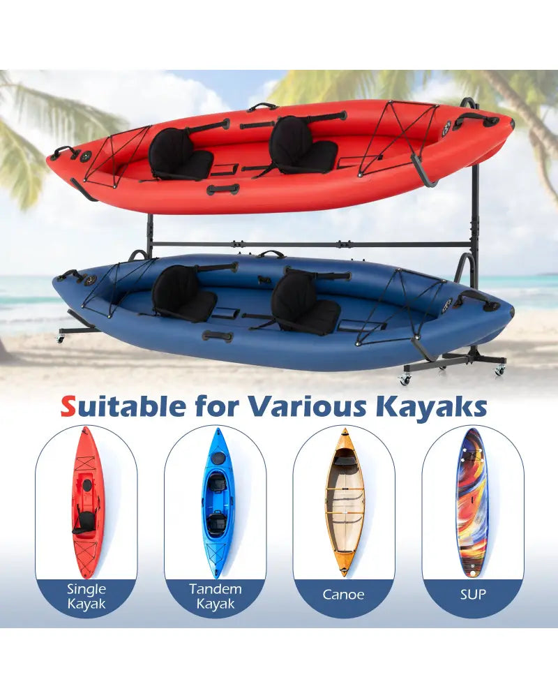 Freestanding Kayak Storage Rack with 6 Lockable Wheels-Black - Black - Surfing