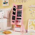Freestanding Kids Jewelry Armoire Cabinet with Storage and 2 Tilt Angles-Pink - Pink - Kids Vanities