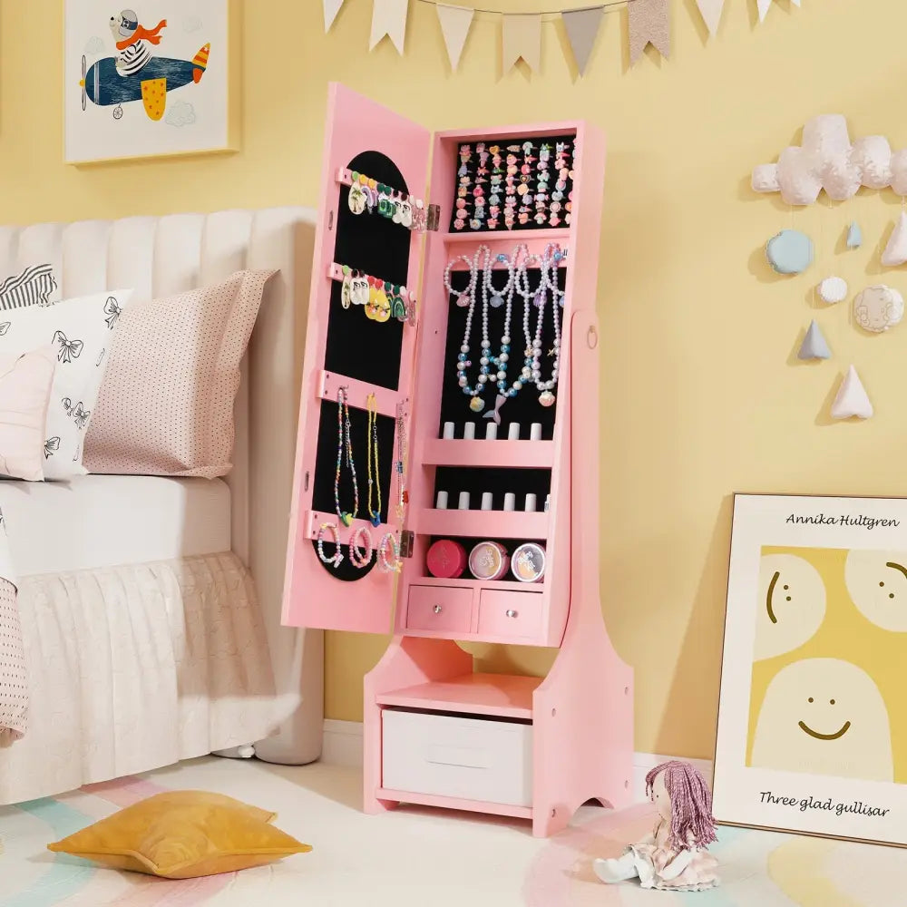 Freestanding Kids Jewelry Armoire Cabinet with Storage and 2 Tilt Angles-Pink - Pink - Kids Vanities