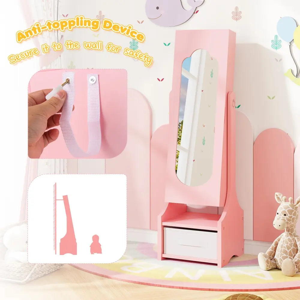 Freestanding Kids Jewelry Armoire Cabinet with Storage and 2 Tilt Angles-Pink - Pink - Kids Vanities