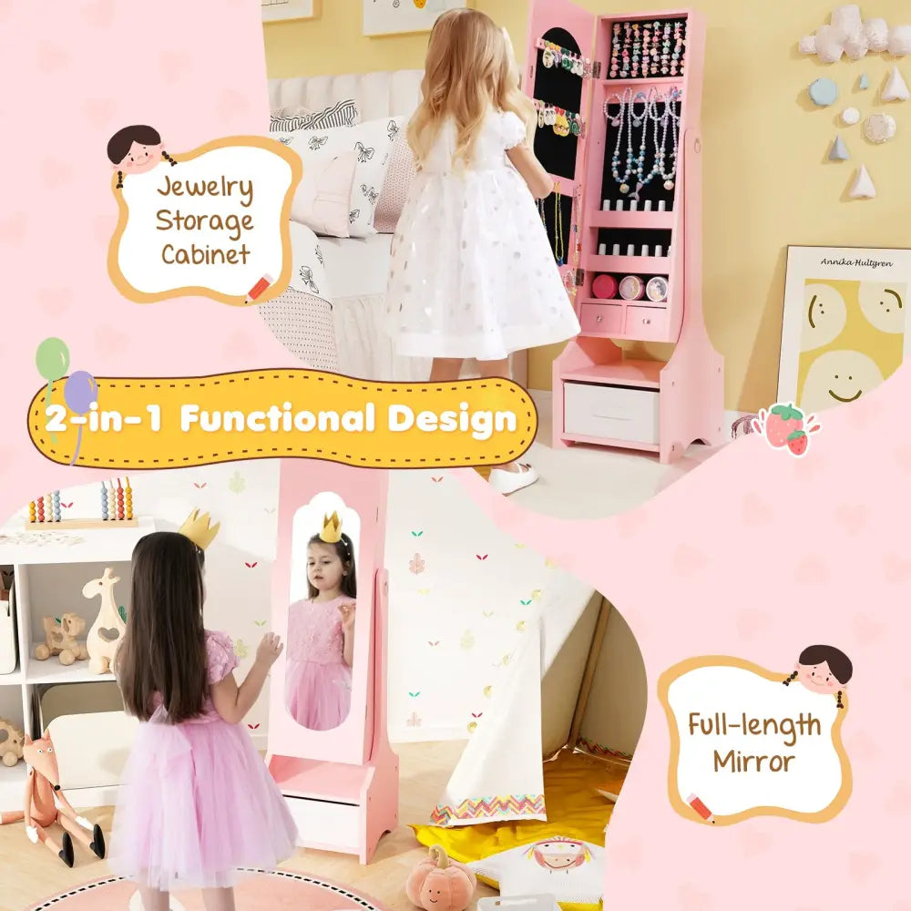 Freestanding Kids Jewelry Armoire Cabinet with Storage and 2 Tilt Angles-Pink - Pink - Kids Vanities