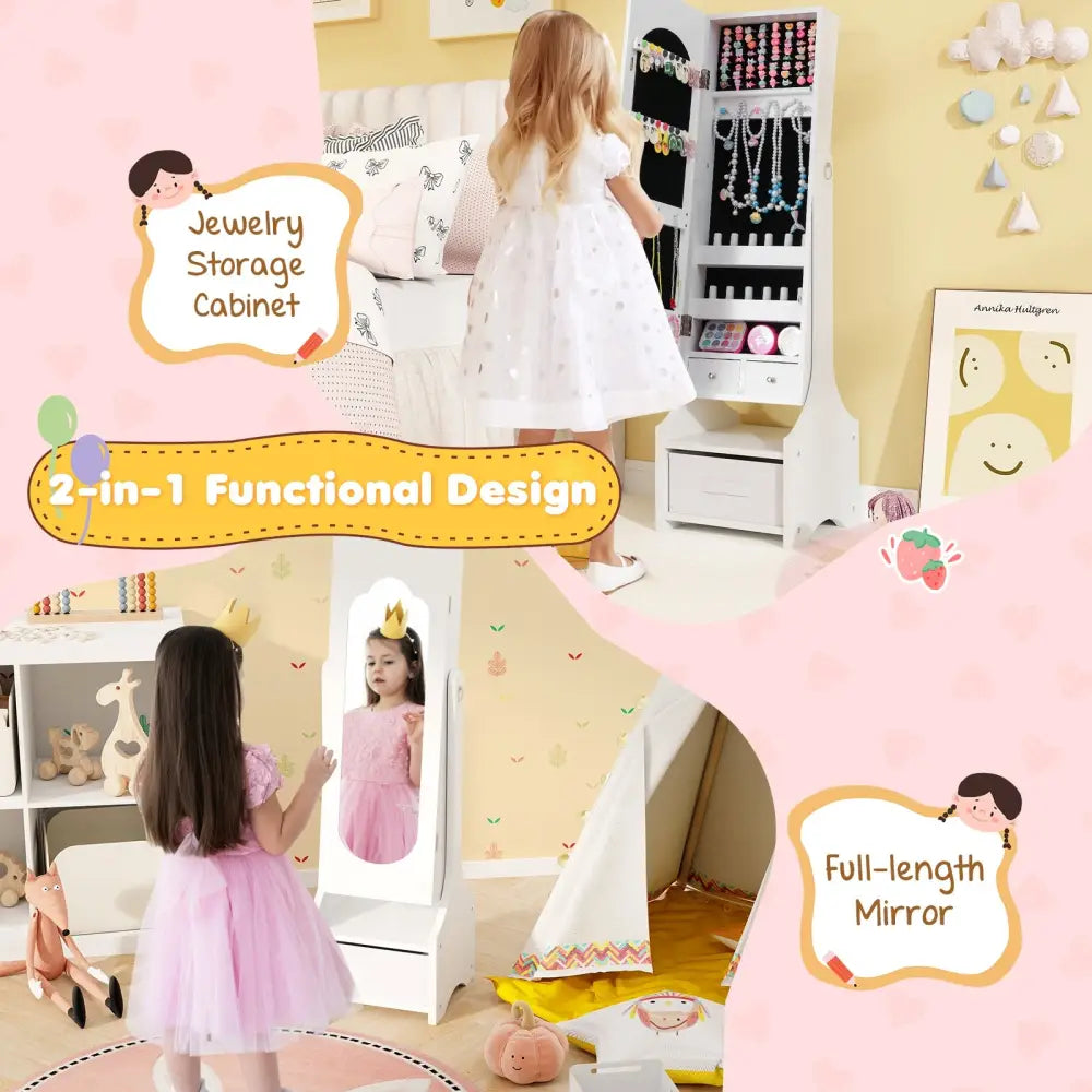 Freestanding Kids Jewelry Armoire Cabinet with Storage and 2 Tilt Angles-White - White - Kids Vanities