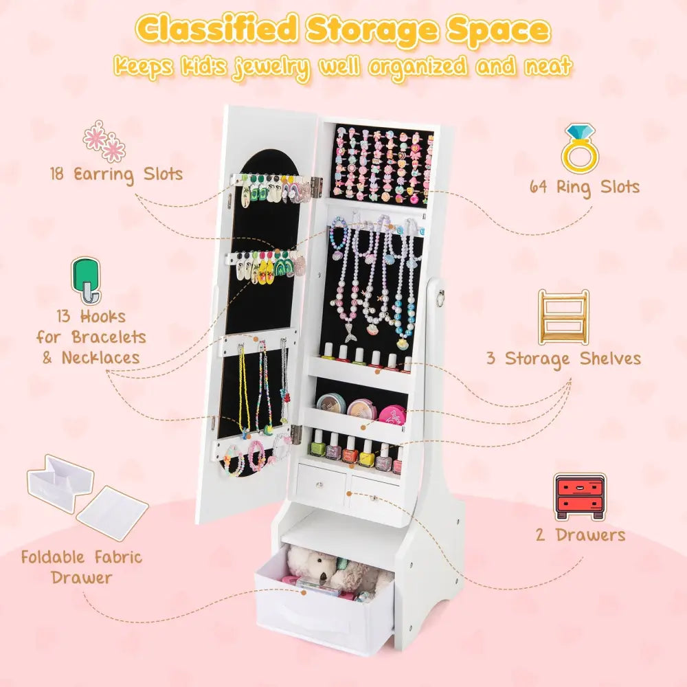 Freestanding Kids Jewelry Armoire Cabinet with Storage and 2 Tilt Angles-White - White - Kids Vanities