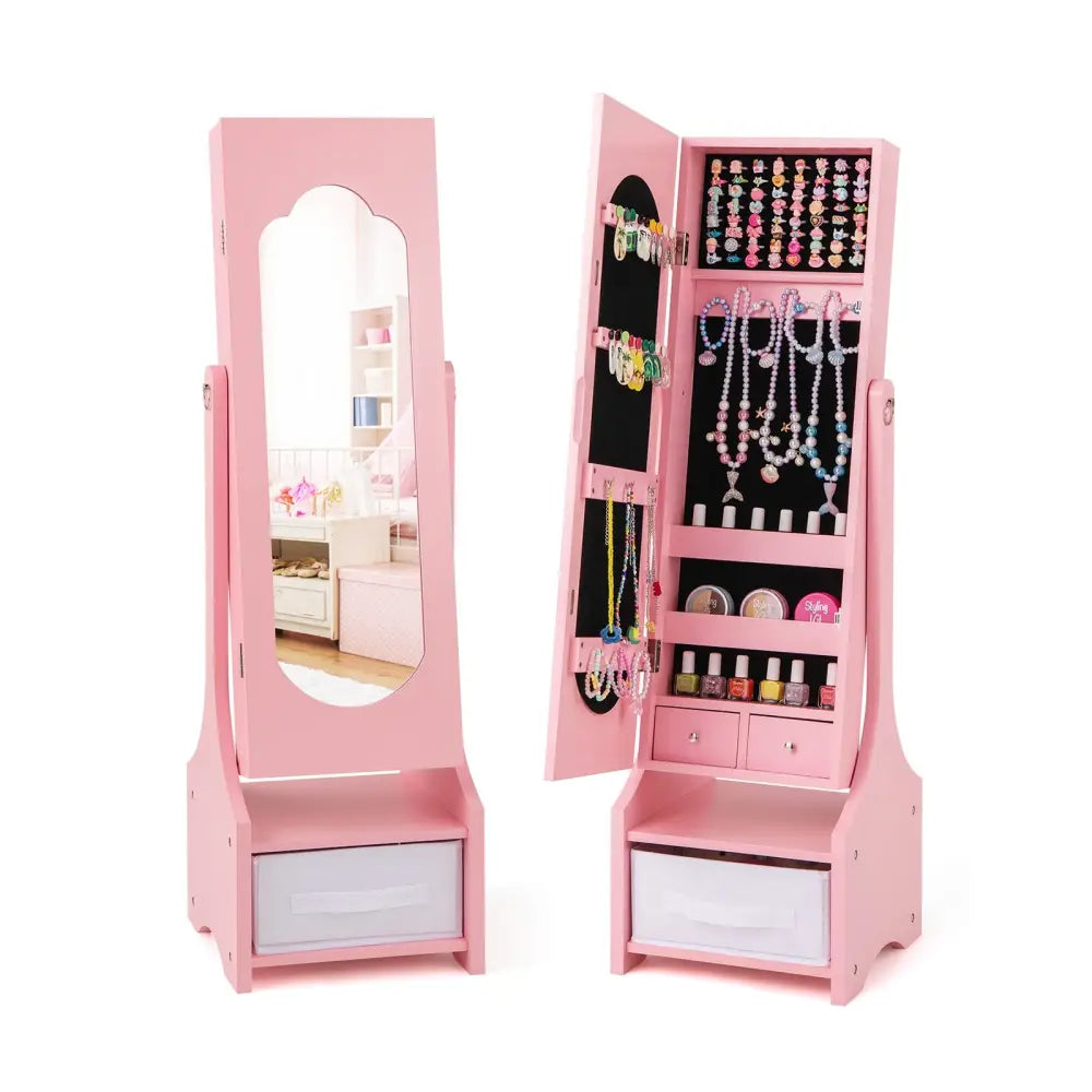 Freestanding Kids Jewelry Armoire Cabinet with Storage and 2 Tilt Angles-Pink - Pink - Kids Vanities