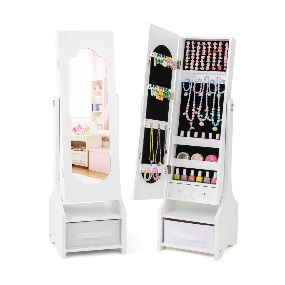 Freestanding Kids Jewelry Armoire Cabinet with Storage and 2 Tilt Angles-White - White - Kids Vanities
