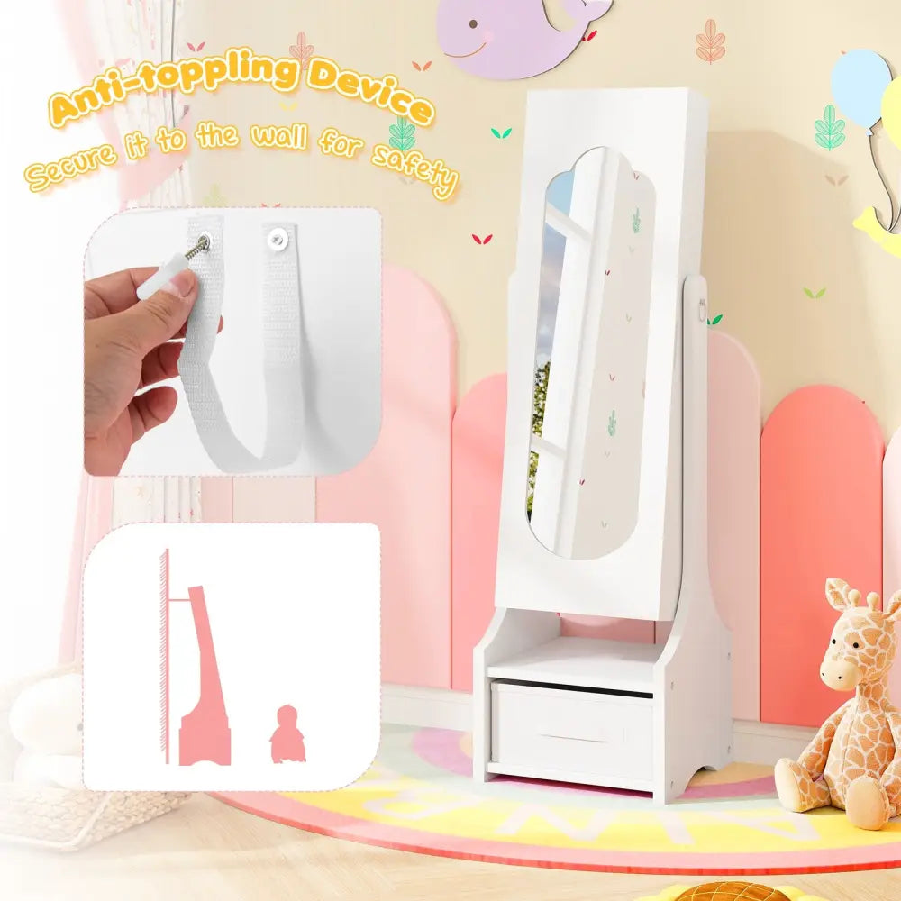 Freestanding Kids Jewelry Armoire Cabinet with Storage and 2 Tilt Angles-White - White - Kids Vanities