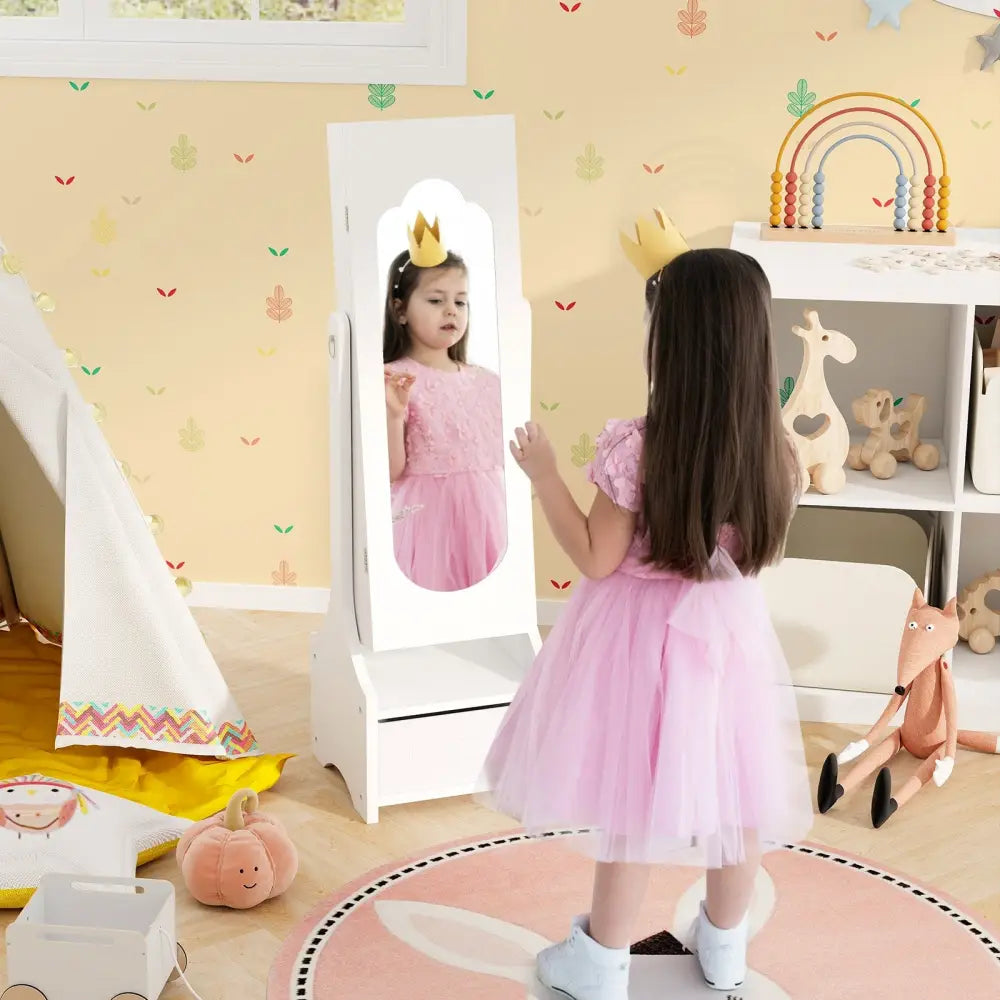 Freestanding Kids Jewelry Armoire Cabinet with Storage and 2 Tilt Angles-White - White - Kids Vanities
