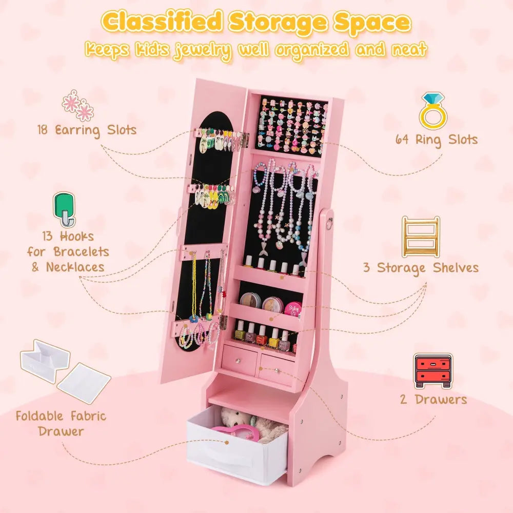 Freestanding Kids Jewelry Armoire Cabinet with Storage and 2 Tilt Angles-Pink - Pink - Kids Vanities