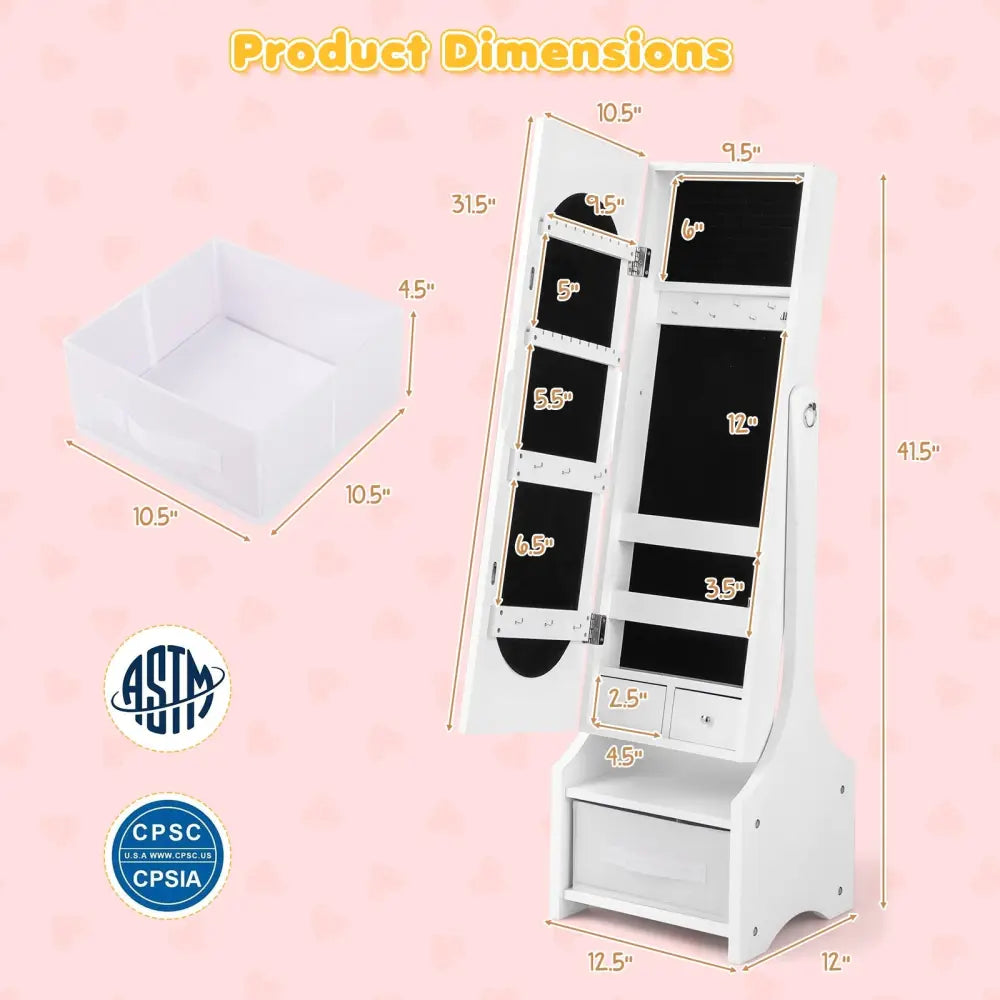 Freestanding Kids Jewelry Armoire Cabinet with Storage and 2 Tilt Angles-White - White - Kids Vanities