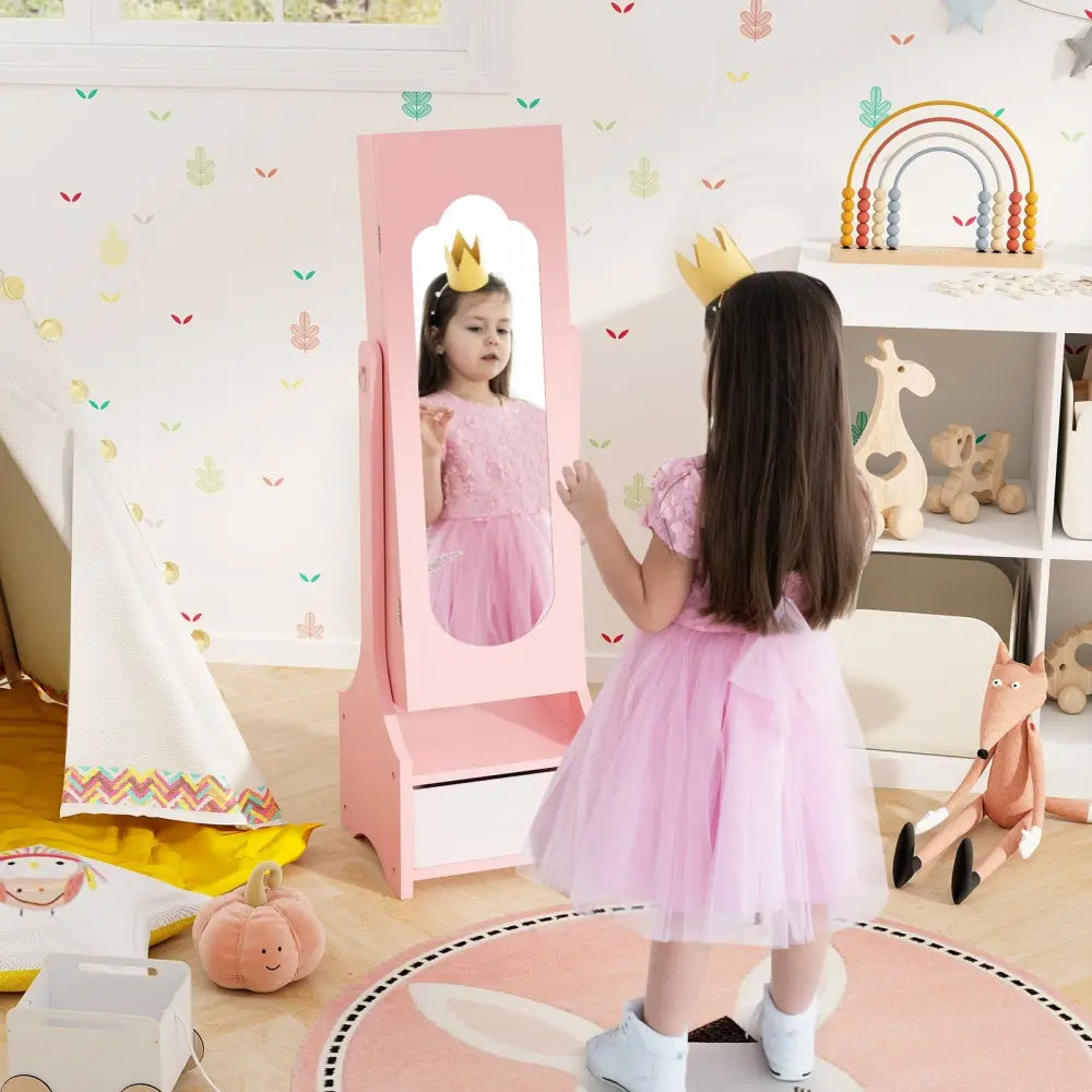 Freestanding Kids Jewelry Armoire Cabinet with Storage and 2 Tilt Angles-Pink - Pink - Kids Vanities