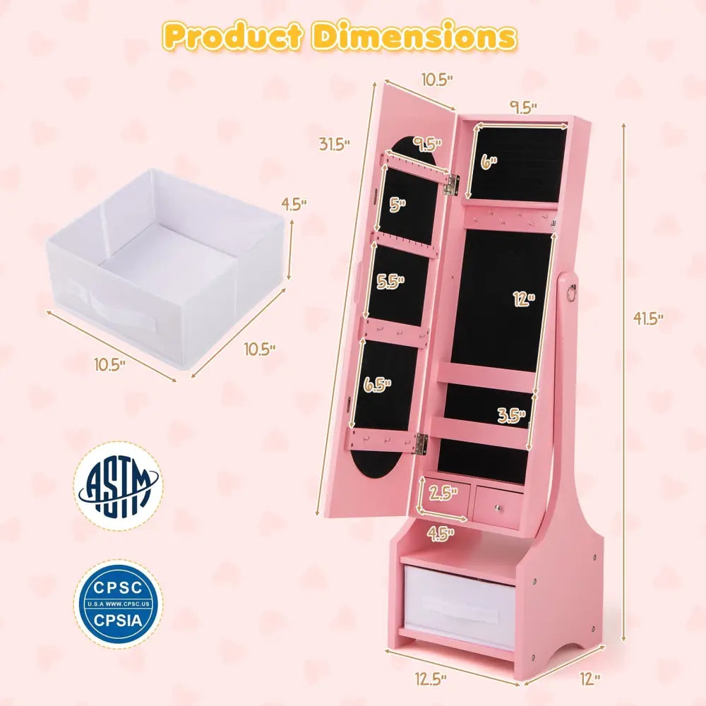 Freestanding Kids Jewelry Armoire Cabinet with Storage and 2 Tilt Angles-Pink - Pink - Kids Vanities