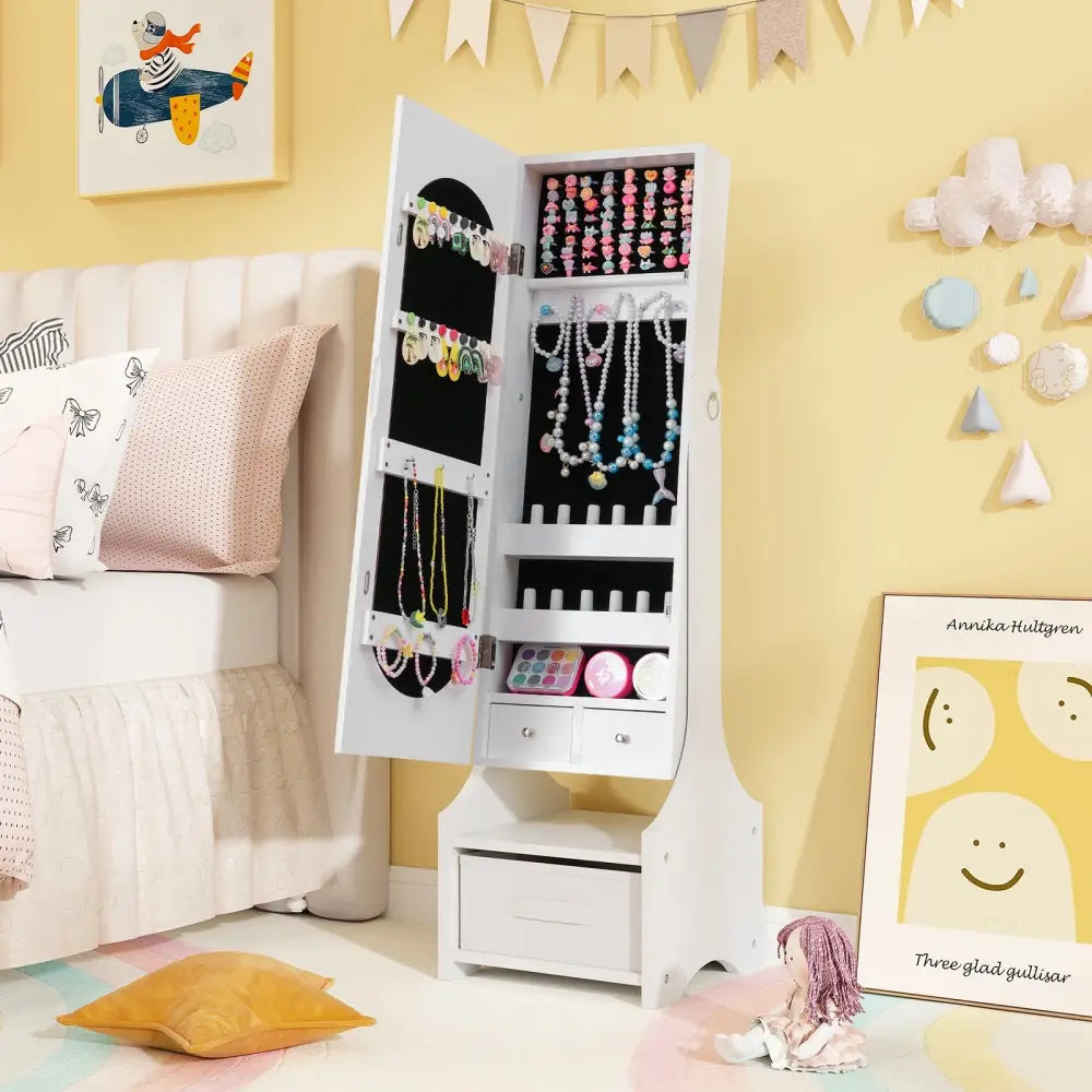 Freestanding Kids Jewelry Armoire Cabinet with Storage and 2 Tilt Angles-White - White - Kids Vanities