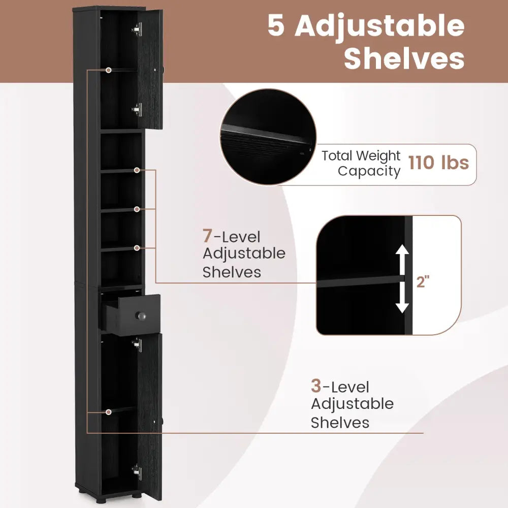 Freestanding Slim Bathroom Cabinet with Drawer and Adjustable Shelves-Black - Black - Floor Cabinets