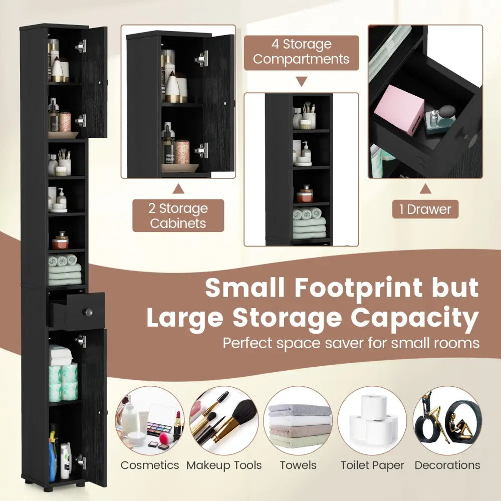 Freestanding Slim Bathroom Cabinet with Drawer and Adjustable Shelves-Black - Black - Floor Cabinets