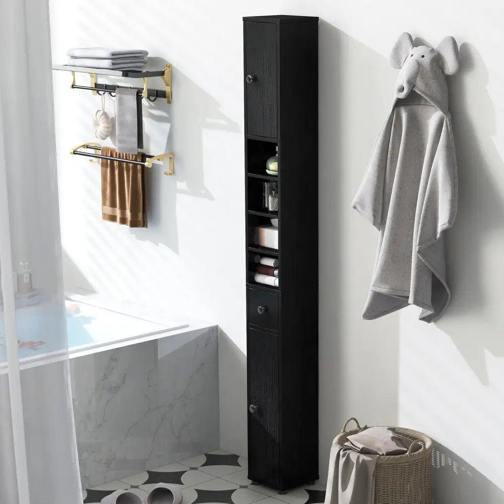 Freestanding Slim Bathroom Cabinet with Drawer and Adjustable Shelves-Black - Black - Floor Cabinets