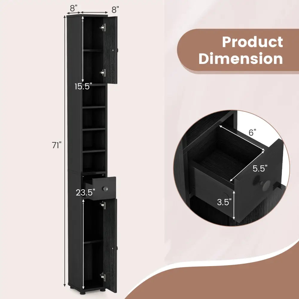 Freestanding Slim Bathroom Cabinet with Drawer and Adjustable Shelves-Black - Black - Floor Cabinets