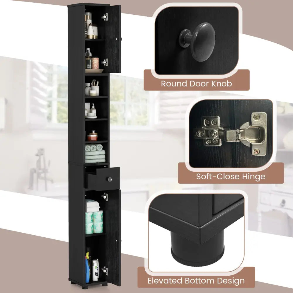 Freestanding Slim Bathroom Cabinet with Drawer and Adjustable Shelves-Black - Black - Floor Cabinets