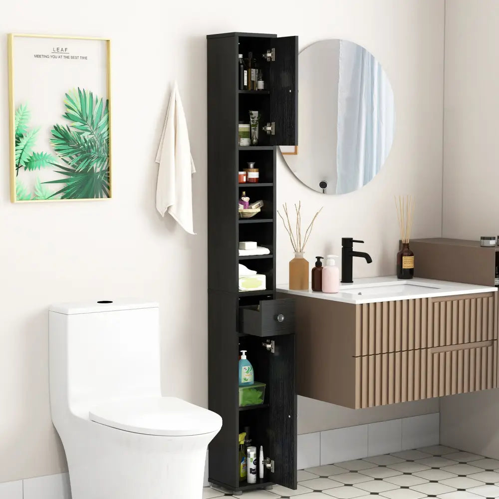 Freestanding Slim Bathroom Cabinet with Drawer and Adjustable Shelves-Black - Black - Floor Cabinets