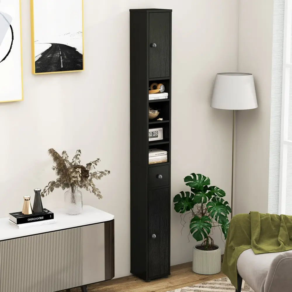 Freestanding Slim Bathroom Cabinet with Drawer and Adjustable Shelves-Black - Black - Floor Cabinets