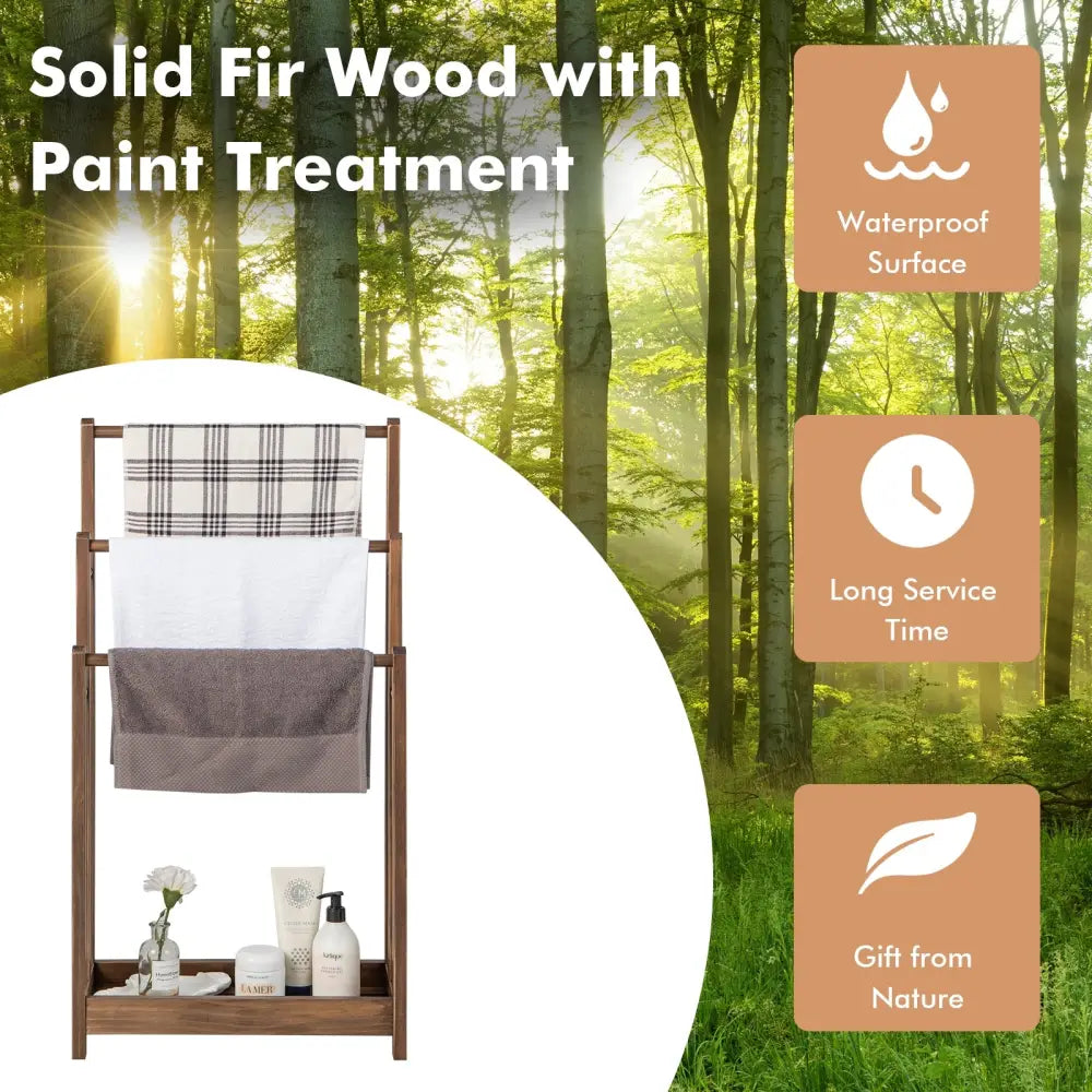 Freestanding Towel Rack 3-Bar Hand Towel Drying Stand with Bottom Storage Shelf-Rustic Brown - Rustic Brown - Towel