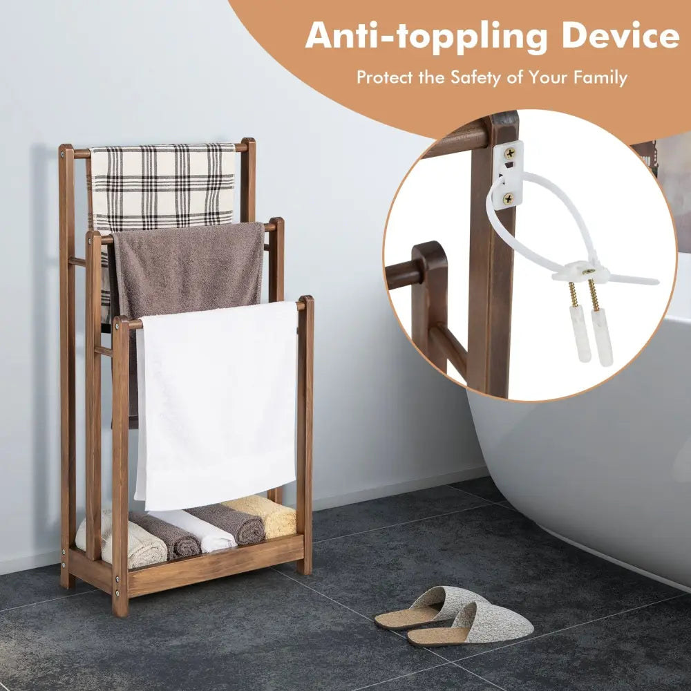 Freestanding Towel Rack 3-Bar Hand Towel Drying Stand with Bottom Storage Shelf-Rustic Brown - Rustic Brown - Towel