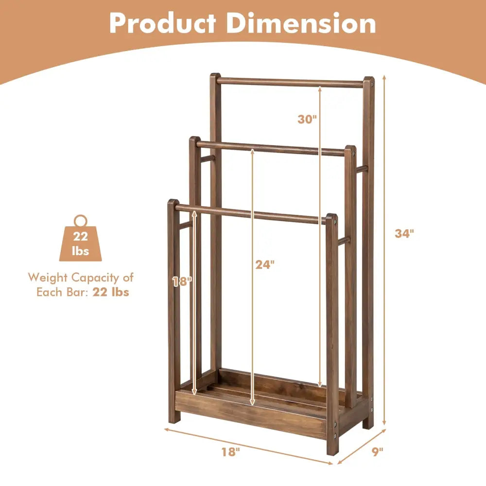 Freestanding Towel Rack 3-Bar Hand Towel Drying Stand with Bottom Storage Shelf-Rustic Brown - Rustic Brown - Towel
