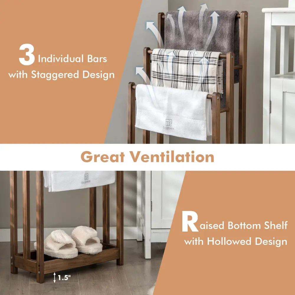 Freestanding Towel Rack 3-Bar Hand Towel Drying Stand with Bottom Storage Shelf-Rustic Brown - Rustic Brown - Towel