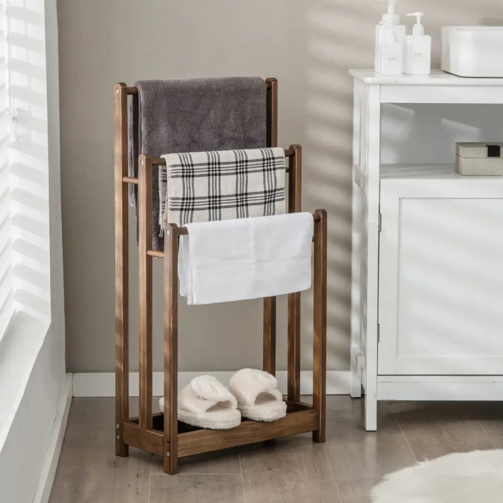 Freestanding Towel Rack 3-Bar Hand Towel Drying Stand with Bottom Storage Shelf-Rustic Brown - Rustic Brown - Towel