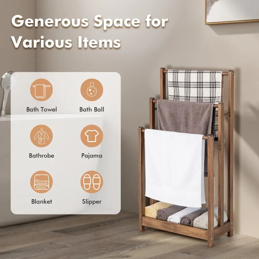 Freestanding Towel Rack 3-Bar Hand Towel Drying Stand with Bottom Storage Shelf-Rustic Brown - Rustic Brown - Towel