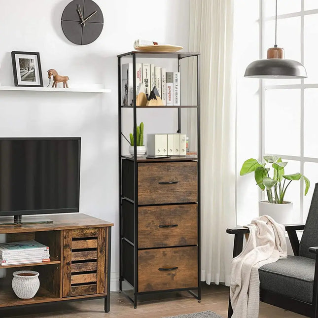 Freestanding Vertical 3 Drawer Dresser with 3 Shelves-Rustic Brown - Rustic Brown - Bookcases