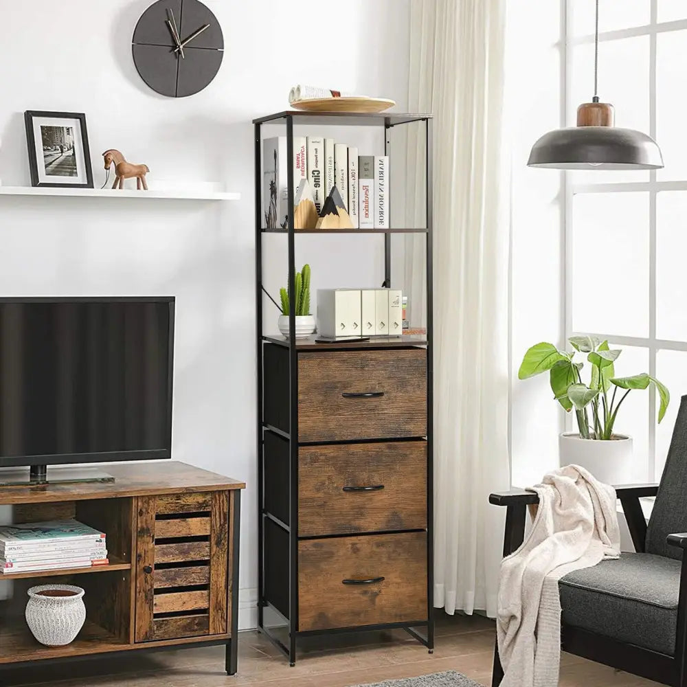 Freestanding Vertical 3 Drawer Dresser with 3 Shelves-Rustic Brown - Rustic Brown - Bookcases