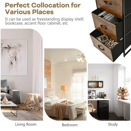 Freestanding Vertical 3 Drawer Dresser with 3 Shelves-Rustic Brown - Rustic Brown - Bookcases