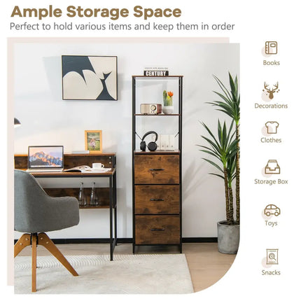 Freestanding Vertical 3 Drawer Dresser with 3 Shelves-Rustic Brown - Rustic Brown - Bookcases